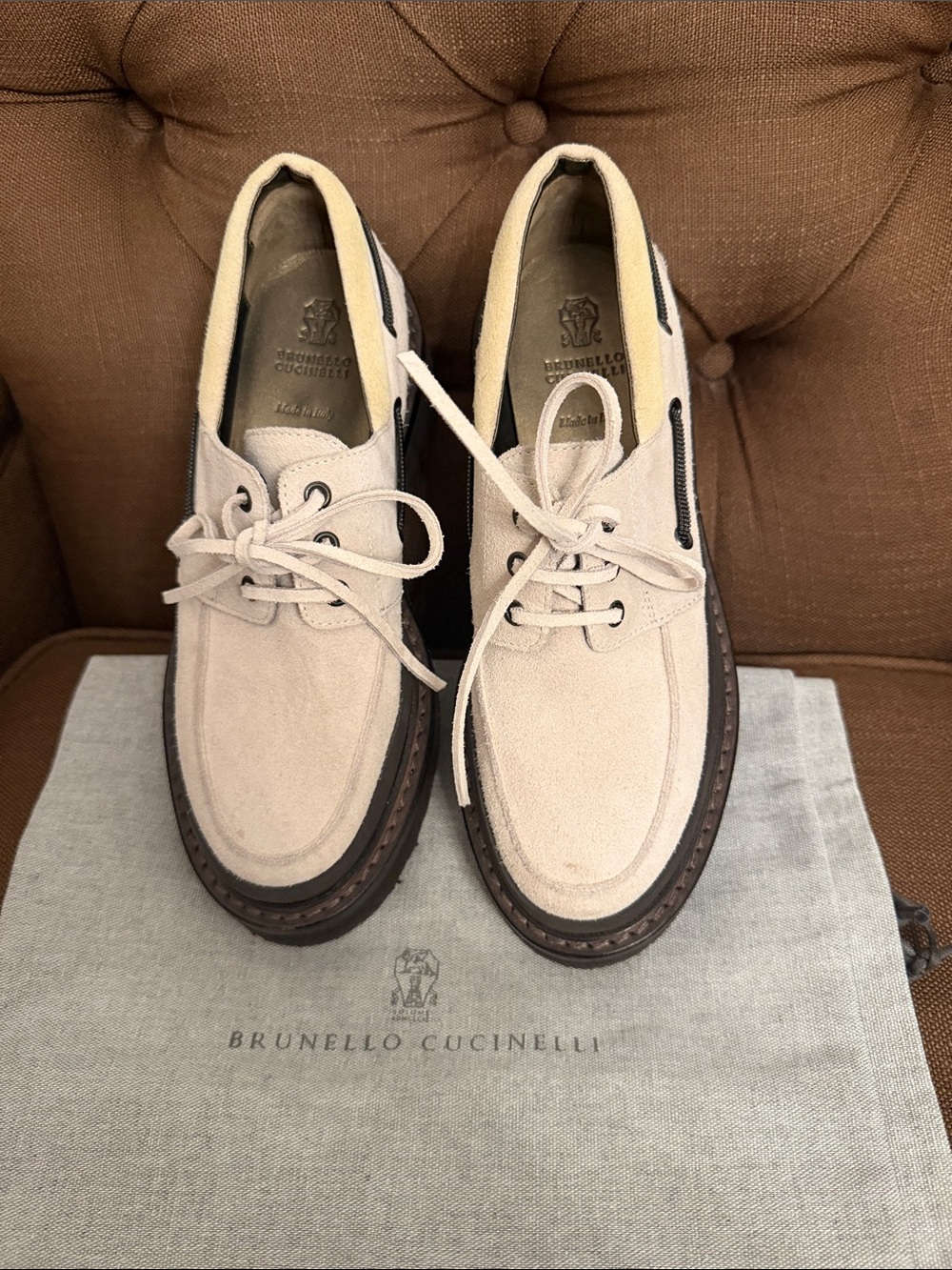 Brunello Cucinelli Women's Suede Lace-Up Boat Shoes in Beige size 38